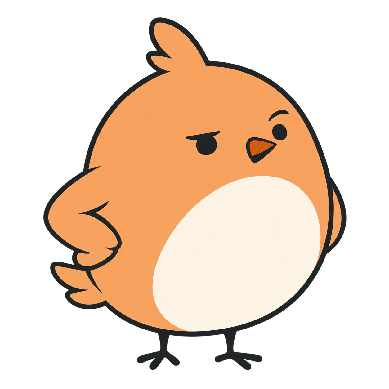 Pip, a round apricot bird with tiny legs and a very serious expression